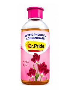 Clear bottle of Dr. Pride White Phenoyl Concentrate Human Rose variant featuring a pink cap, pink label with deep red flowers, and golden liquid inside