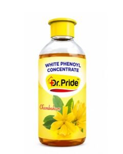 Clear bottle of Dr. Pride White Phenoyl Concentrate Chembakam variant with a yellow cap, yellow floral label, and golden liquid inside.